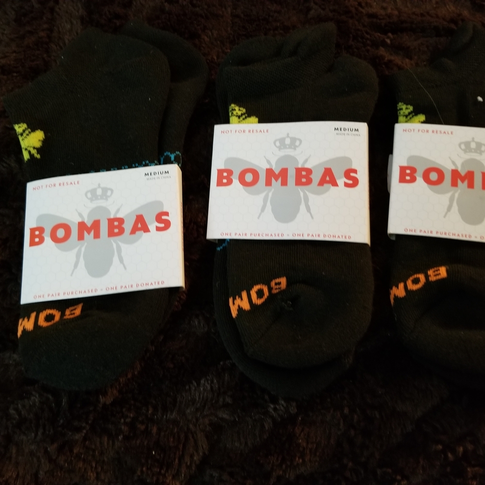 NWT Bundle of 3 Bombas Unisex Black Socks with Orange and Yellow Accents